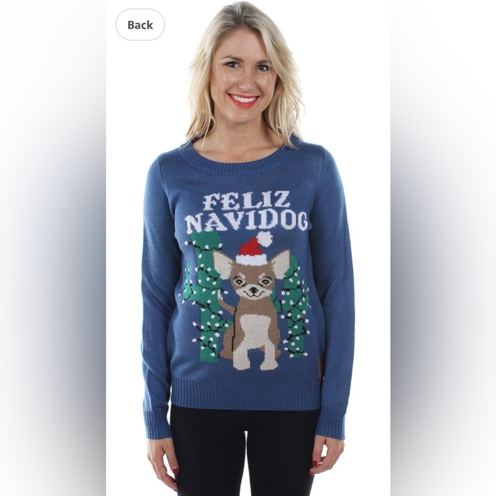 Tipsy Elves Blue Feliz Navidog Christmas Sweater. Made well Sweater size Medium.